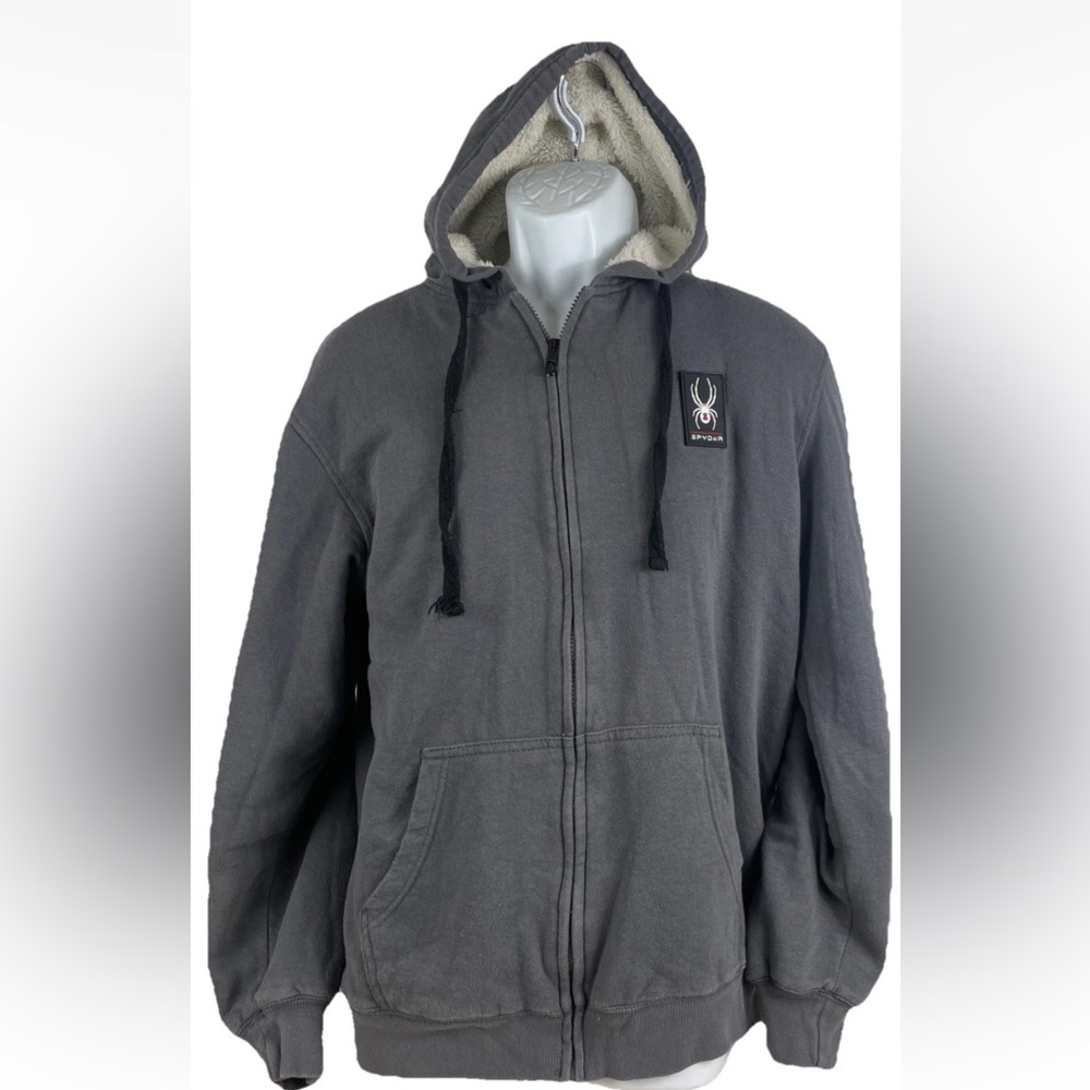 SPYDER Mens Large Hooded Jacket Grey/Black Full Zip Fleece Lined Heavy Duty
